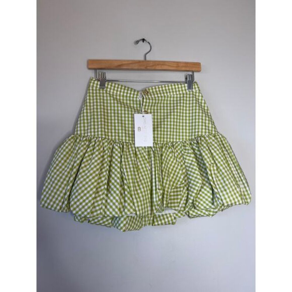 NWT Caroline Constas Lightweight Bubble Hem Mini Skirt Pistachio Gingham Size: S - Picture 2 of 8
